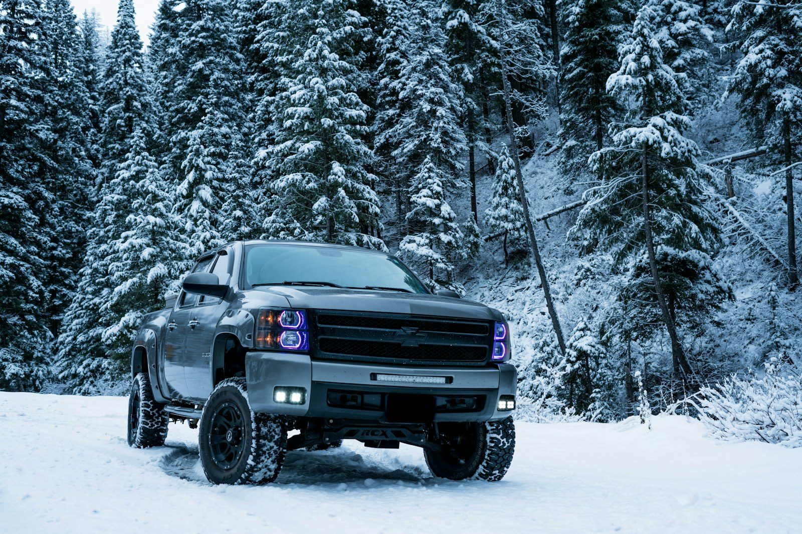 Pickup truck in snowy forest